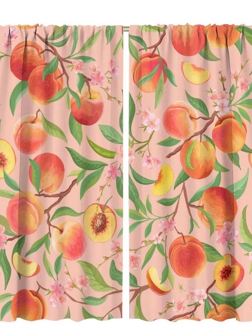 Fruit Blackout Curtains Pink Cute Peach Green Leaves Flower Retro Art Print
